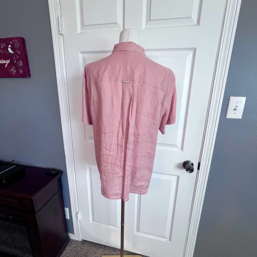 Lafayette 148 New York Pink 100% Linen Short Sleeve Button Down Shirt Women's L - Picture 4 of 9